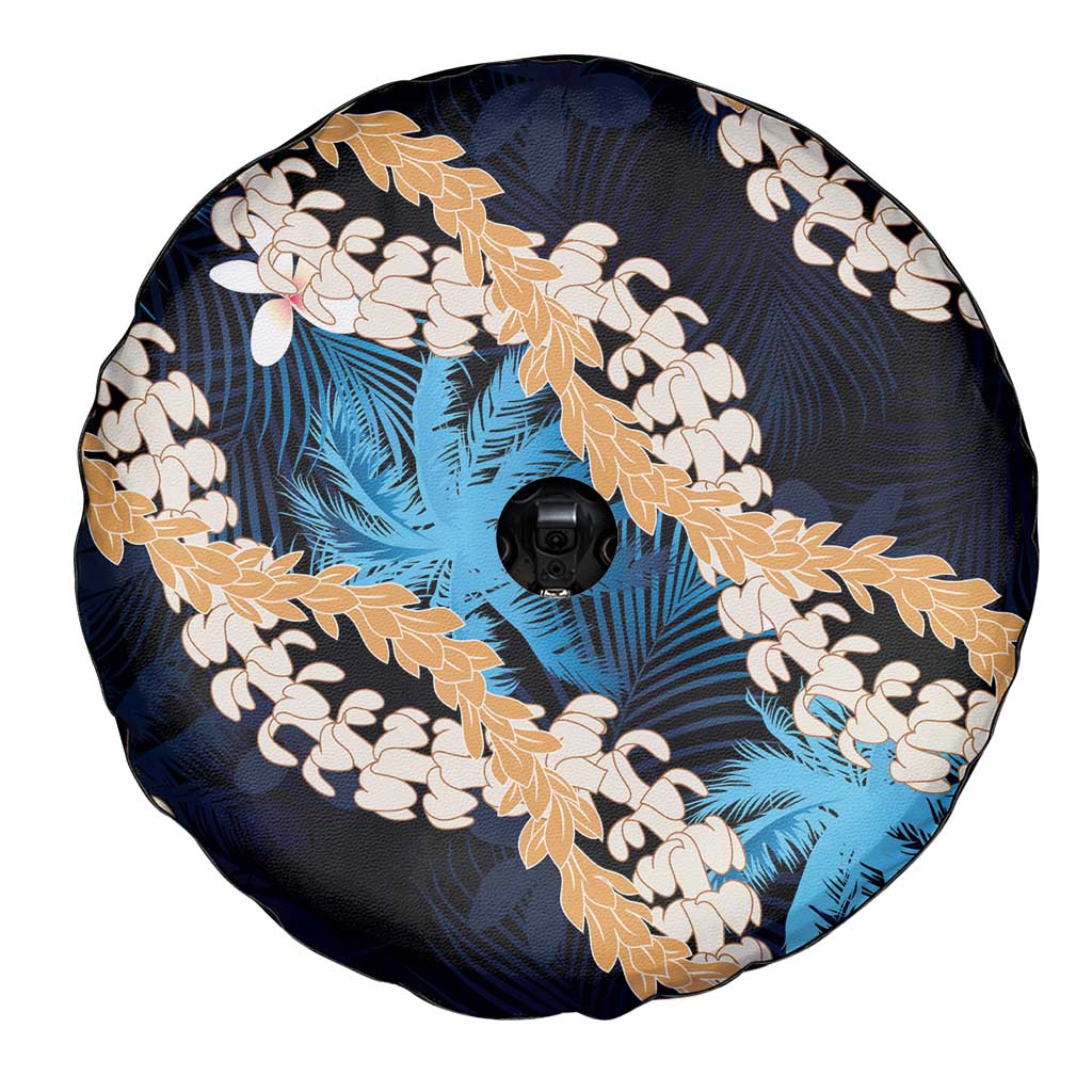 Puakenikeni Maile Lei Spare Tire Cover Frangipani Blue Tropical Leaves