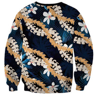 Puakenikeni Maile Lei Sweatshirt Frangipani Blue Tropical Leaves
