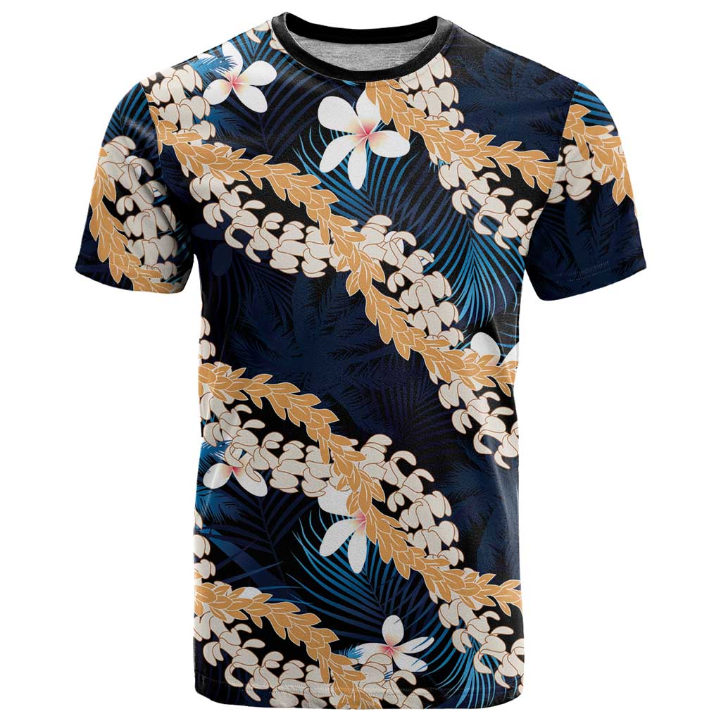 Puakenikeni Maile Lei T Shirt Frangipani Blue Tropical Leaves