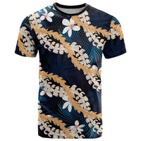 Puakenikeni Maile Lei T Shirt Frangipani Blue Tropical Leaves