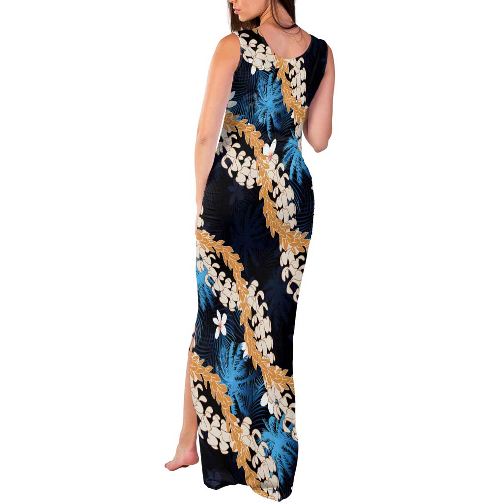 Puakenikeni Maile Lei Tank Maxi Dress Frangipani Blue Tropical Leaves