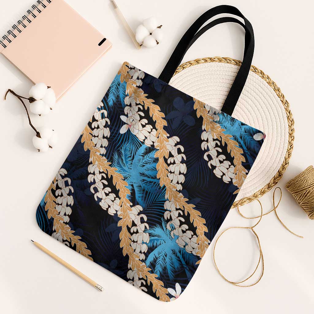 Puakenikeni Maile Lei Tote Bag Frangipani Blue Tropical Leaves