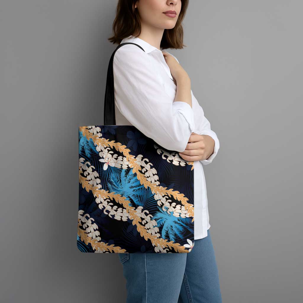 Puakenikeni Maile Lei Tote Bag Frangipani Blue Tropical Leaves
