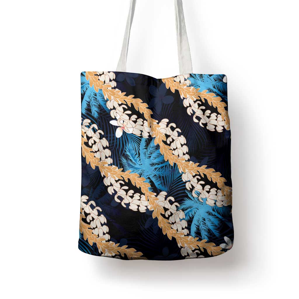 Puakenikeni Maile Lei Tote Bag Frangipani Blue Tropical Leaves