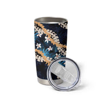 Puakenikeni Maile Lei Tumbler Cup Frangipani Blue Tropical Leaves