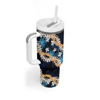 Puakenikeni Maile Lei Tumbler With Handle Frangipani Blue Tropical Leaves