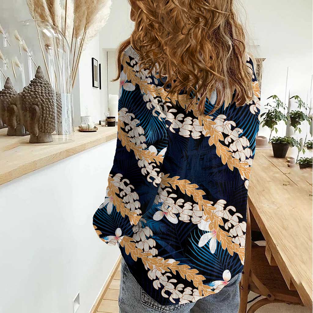 Puakenikeni Maile Lei Women Casual Shirt Frangipani Blue Tropical Leaves