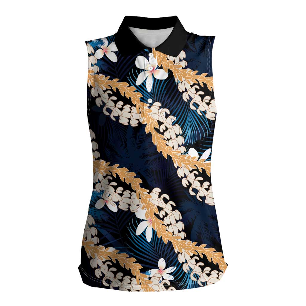 Puakenikeni Maile Lei Women Sleeveless Polo Shirt Frangipani Blue Tropical Leaves