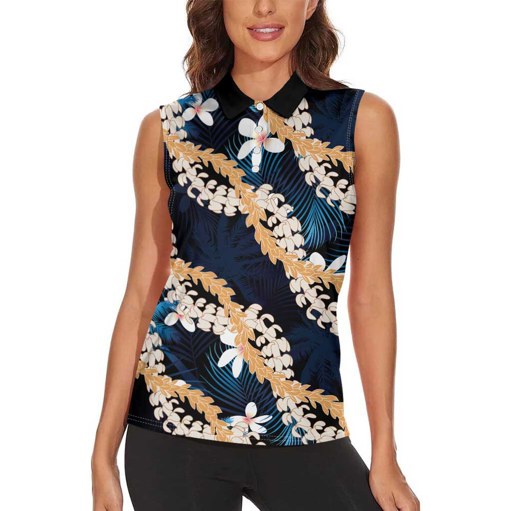 Puakenikeni Maile Lei Women Sleeveless Polo Shirt Frangipani Blue Tropical Leaves