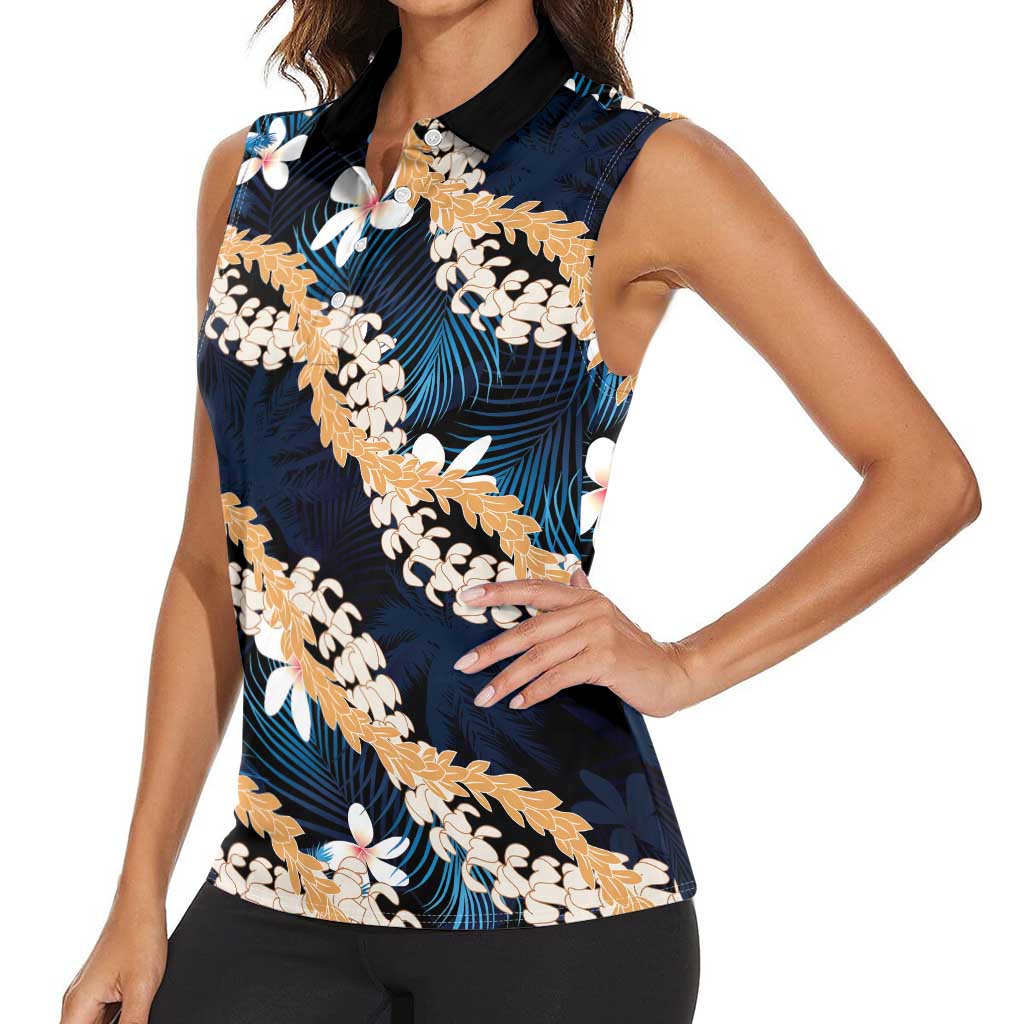 Puakenikeni Maile Lei Women Sleeveless Polo Shirt Frangipani Blue Tropical Leaves