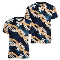 Puakenikeni Maile Lei Women V-Neck T-Shirt Frangipani Blue Tropical Leaves