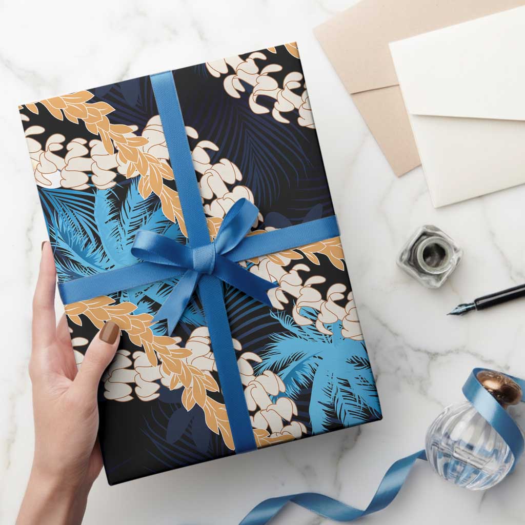 Puakenikeni Maile Lei Wrapping Paper Frangipani Blue Tropical Leaves
