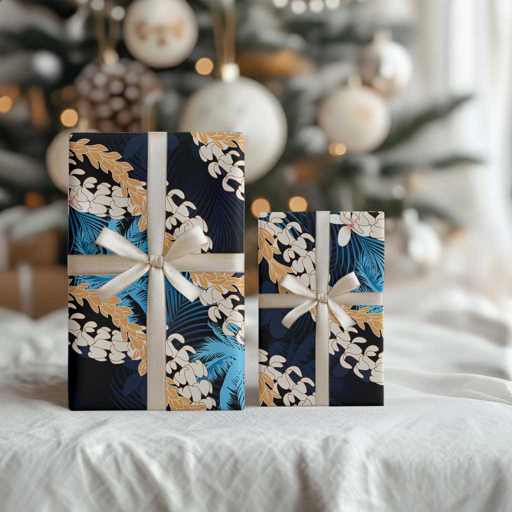 Puakenikeni Maile Lei Wrapping Paper Frangipani Blue Tropical Leaves