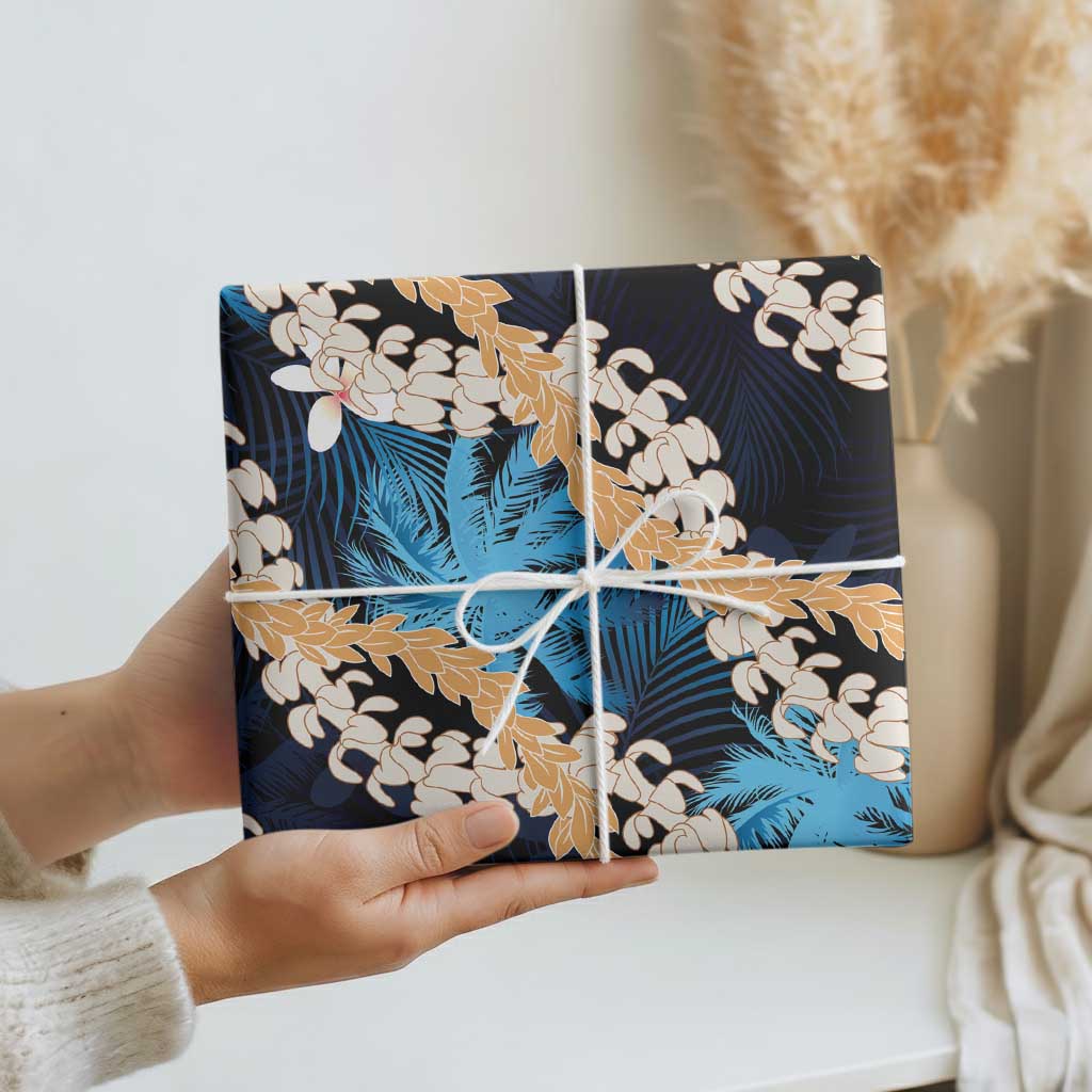 Puakenikeni Maile Lei Wrapping Paper Frangipani Blue Tropical Leaves