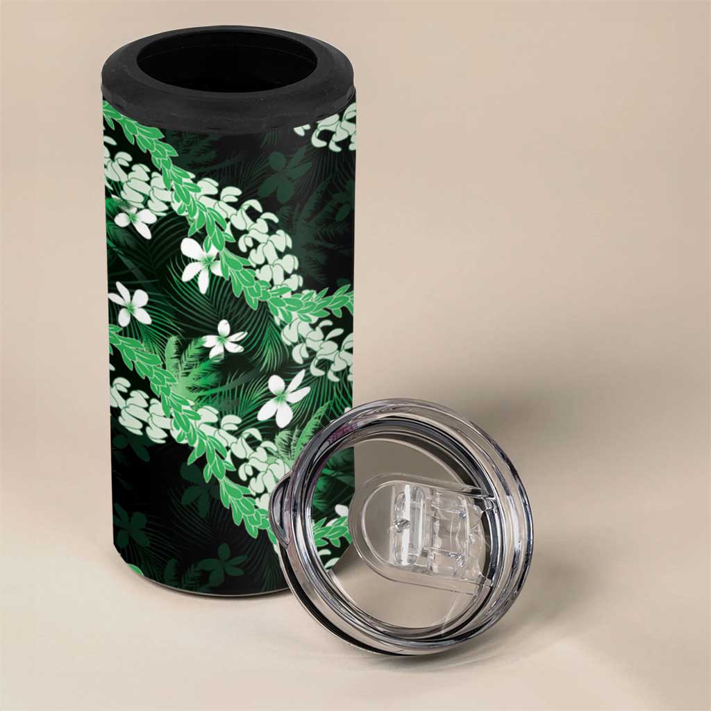 Puakenikeni Maile Lei 4 in 1 Can Cooler Tumbler Frangipani Green Tropical Leaves