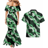 Puakenikeni Maile Lei Couples Matching Mermaid Dress and Hawaiian Shirt Frangipani Green Tropical Leaves LT01 - Polynesian Pride