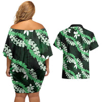 Puakenikeni Maile Lei Couples Matching Off Shoulder Short Dress and Hawaiian Shirt Frangipani Green Tropical Leaves LT01 - Polynesian Pride