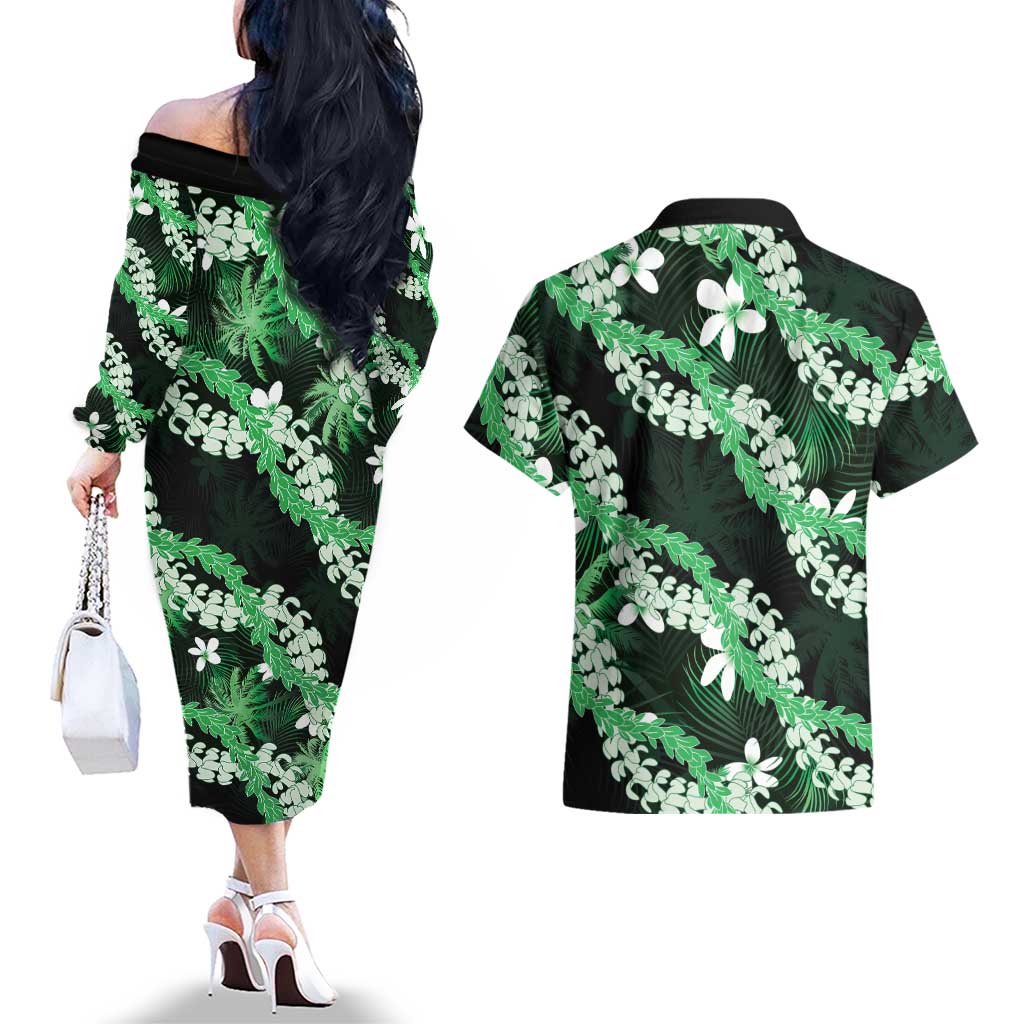 Puakenikeni Maile Lei Couples Matching Off The Shoulder Long Sleeve Dress and Hawaiian Shirt Frangipani Green Tropical Leaves LT01 - Polynesian Pride