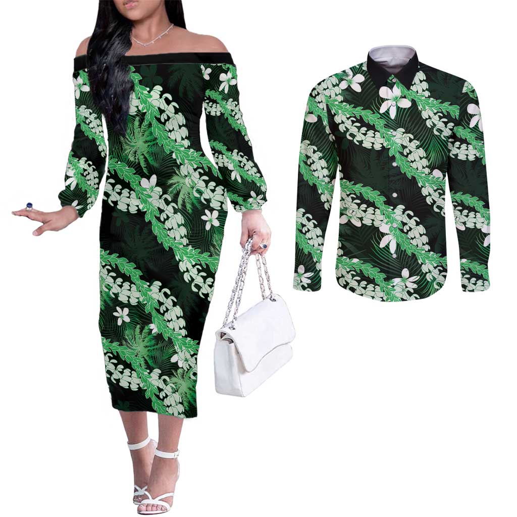 Puakenikeni Maile Lei Couples Matching Off The Shoulder Long Sleeve Dress and Long Sleeve Button Shirt Frangipani Green Tropical Leaves