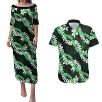 Puakenikeni Maile Lei Couples Matching Puletasi and Hawaiian Shirt Frangipani Green Tropical Leaves