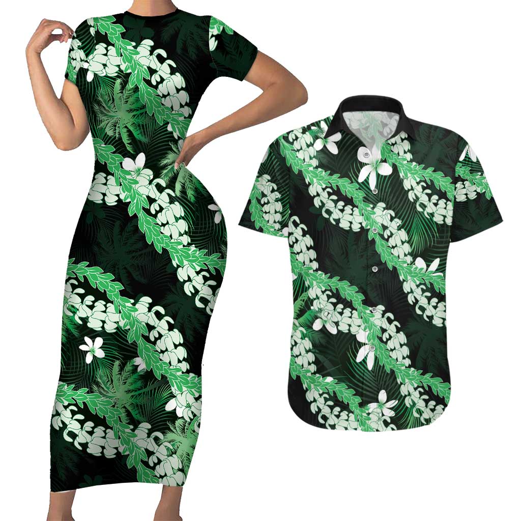 Puakenikeni Maile Lei Couples Matching Short Sleeve Bodycon Dress and Hawaiian Shirt Frangipani Green Tropical Leaves
