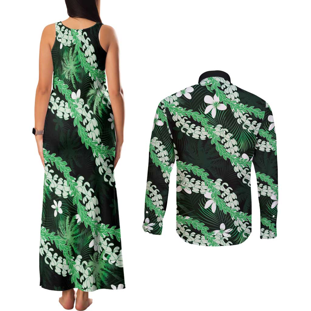 Puakenikeni Maile Lei Couples Matching Tank Maxi Dress and Long Sleeve Button Shirt Frangipani Green Tropical Leaves LT01 - Polynesian Pride