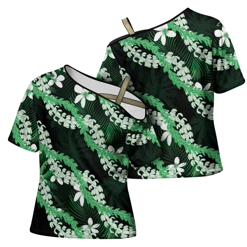 Puakenikeni Maile Lei Cross Shoulder Shirt Frangipani Green Tropical Leaves