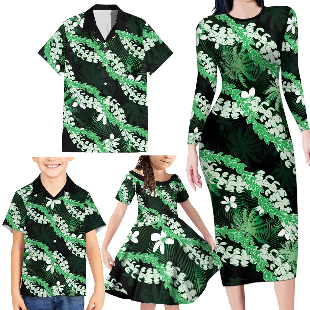 Puakenikeni Maile Lei Family Matching Long Sleeve Bodycon Dress and Hawaiian Shirt Frangipani Green Tropical Leaves