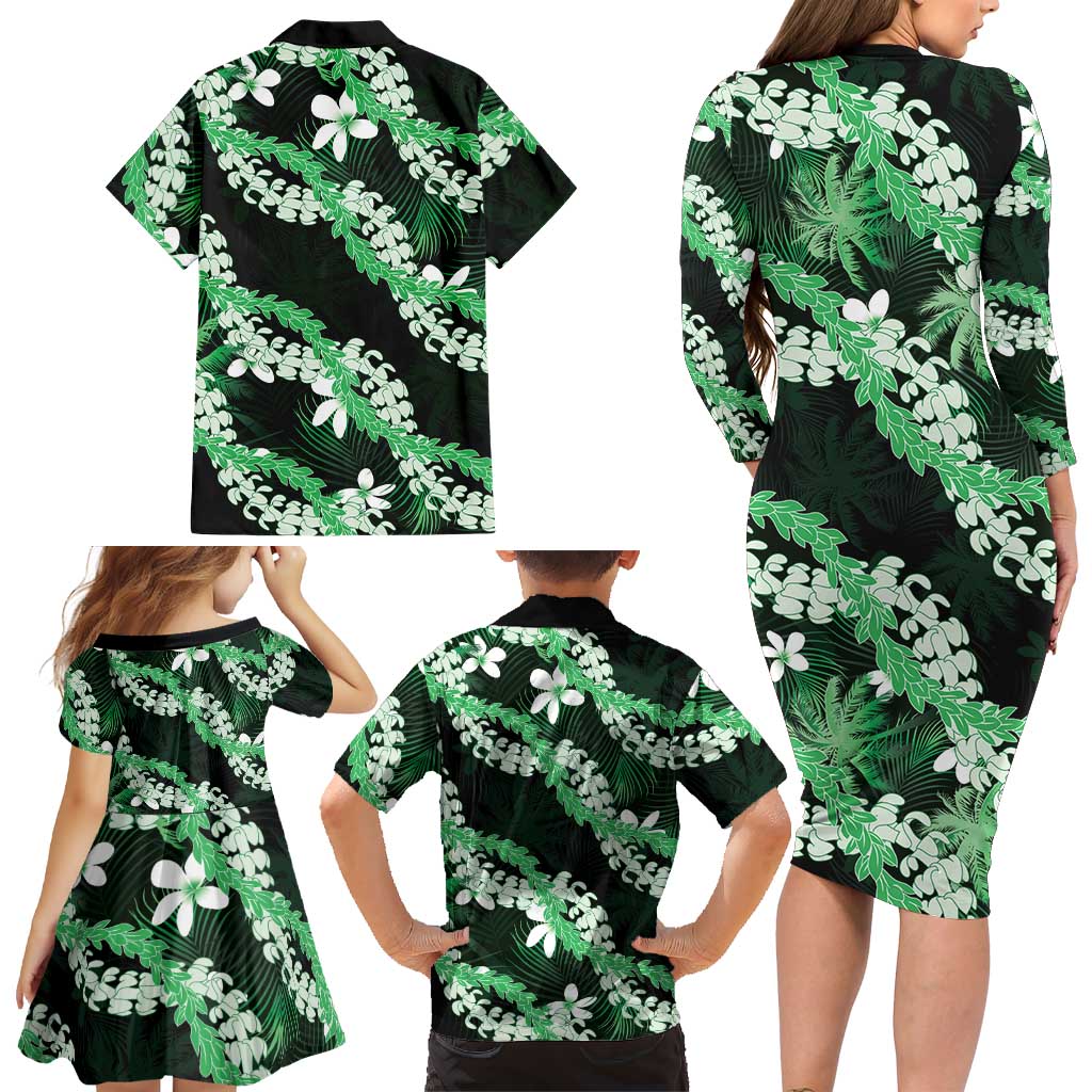 Puakenikeni Maile Lei Family Matching Long Sleeve Bodycon Dress and Hawaiian Shirt Frangipani Green Tropical Leaves LT01 - Polynesian Pride