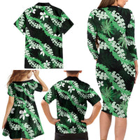 Puakenikeni Maile Lei Family Matching Long Sleeve Bodycon Dress and Hawaiian Shirt Frangipani Green Tropical Leaves LT01 - Polynesian Pride