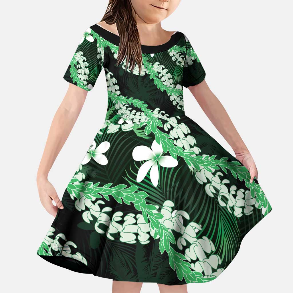 Puakenikeni Maile Lei Family Matching Mermaid Dress and Hawaiian Shirt Frangipani Green Tropical Leaves LT01 Daughter's Dress Green - Polynesian Pride