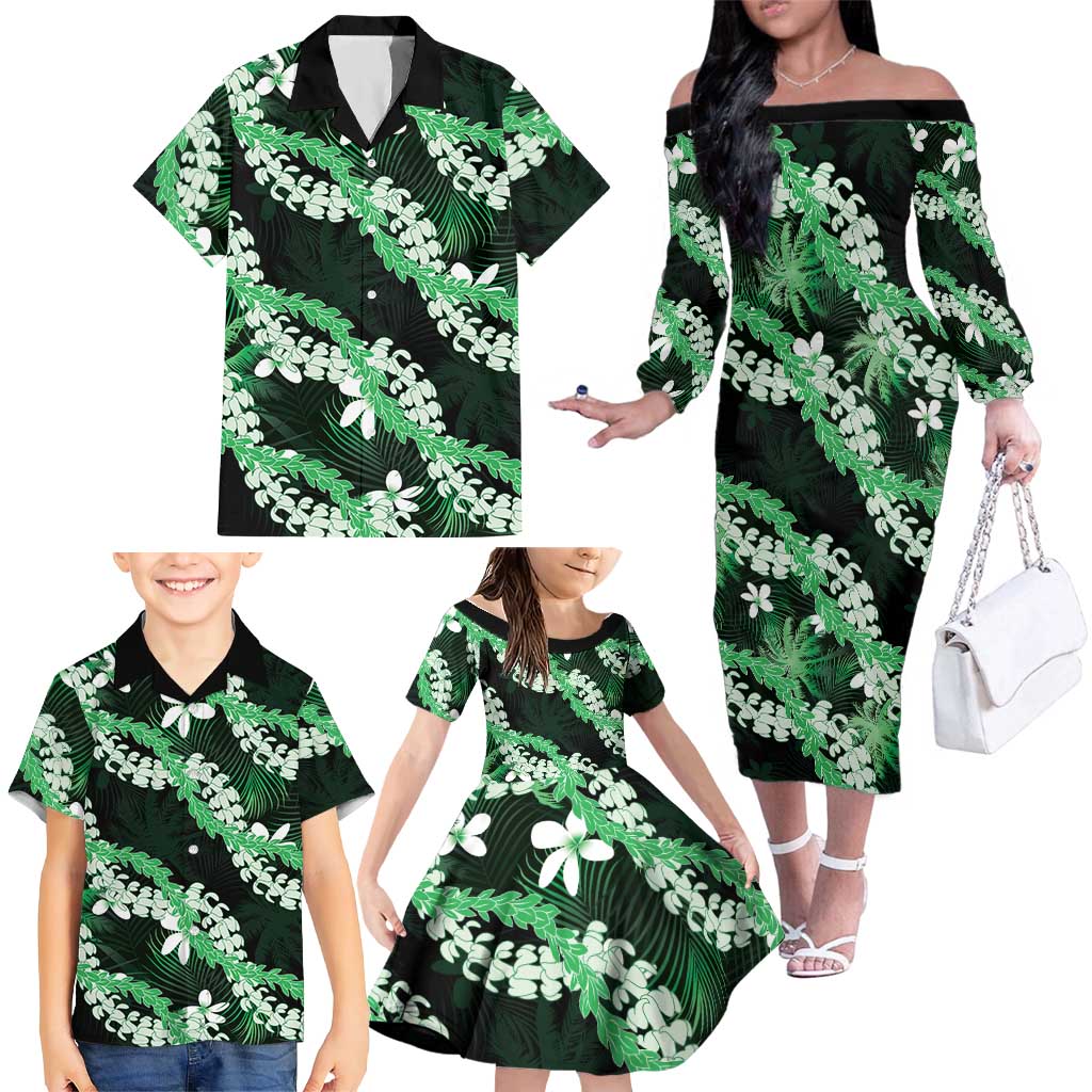 Puakenikeni Maile Lei Family Matching Off The Shoulder Long Sleeve Dress and Hawaiian Shirt Frangipani Green Tropical Leaves