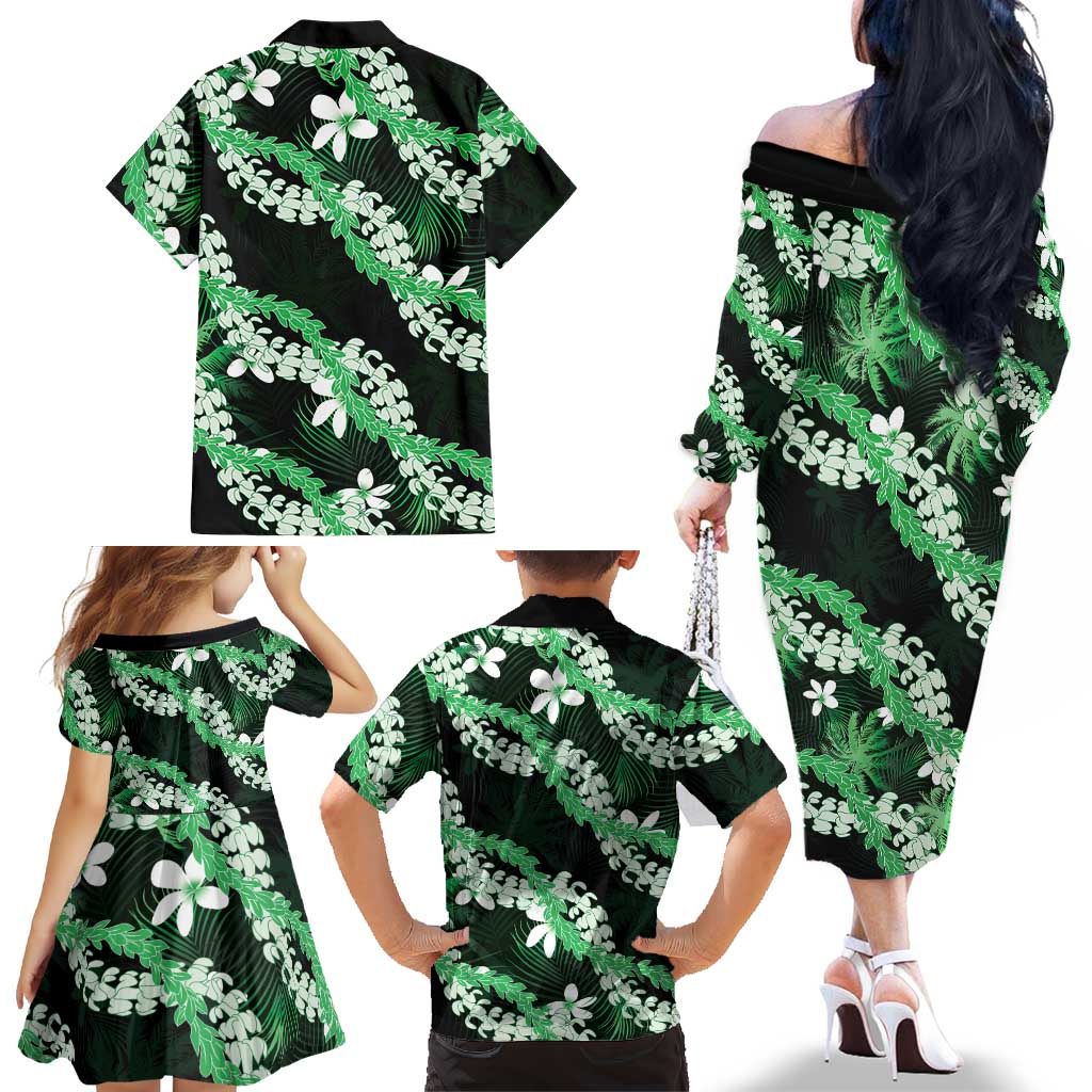 Puakenikeni Maile Lei Family Matching Off The Shoulder Long Sleeve Dress and Hawaiian Shirt Frangipani Green Tropical Leaves LT01 - Polynesian Pride