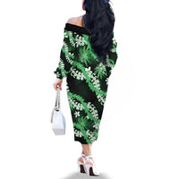 Puakenikeni Maile Lei Family Matching Off The Shoulder Long Sleeve Dress and Hawaiian Shirt Frangipani Green Tropical Leaves LT01 - Polynesian Pride