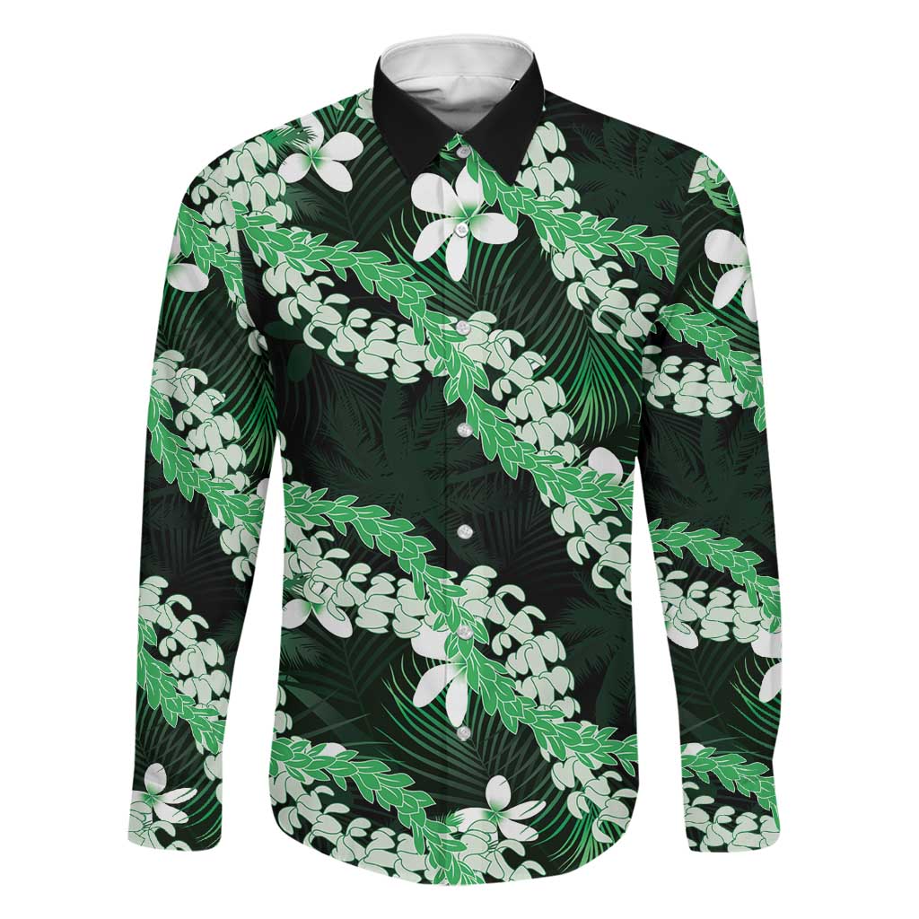 Puakenikeni Maile Lei Family Matching Off Shoulder Short Dress and Hawaiian Shirt Frangipani Green Tropical Leaves LT01 Dad's Shirt - Long Sleeve Green - Polynesian Pride