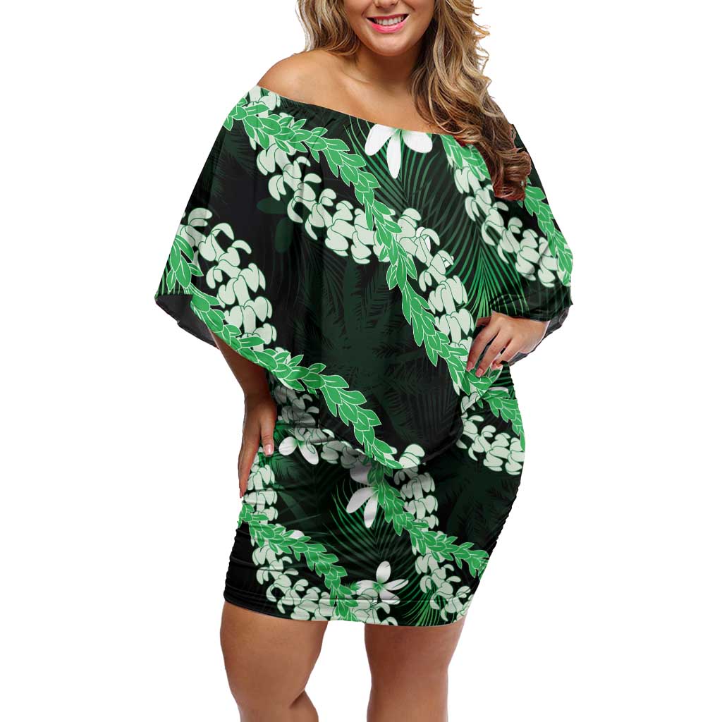 Puakenikeni Maile Lei Family Matching Off Shoulder Short Dress and Hawaiian Shirt Frangipani Green Tropical Leaves LT01 Mom's Dress Green - Polynesian Pride