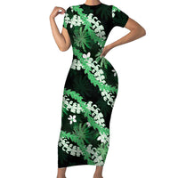 Puakenikeni Maile Lei Family Matching Short Sleeve Bodycon Dress and Hawaiian Shirt Frangipani Green Tropical Leaves LT01 Mom's Dress Green - Polynesian Pride