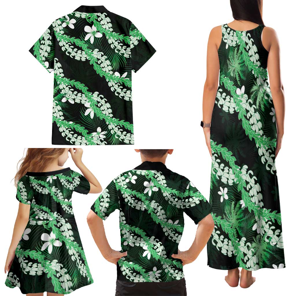 Puakenikeni Maile Lei Family Matching Tank Maxi Dress and Hawaiian Shirt Frangipani Green Tropical Leaves LT01 - Polynesian Pride