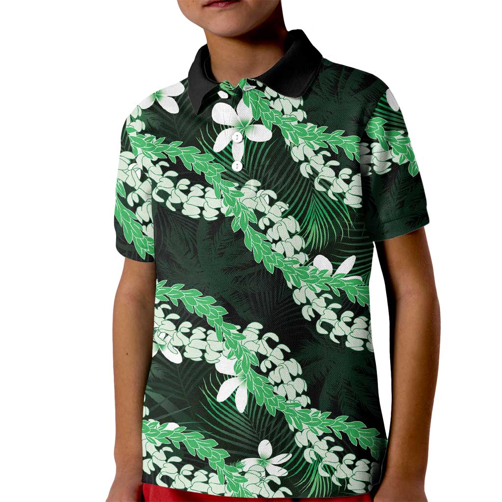 Puakenikeni Maile Lei Kid Polo Shirt Frangipani Green Tropical Leaves