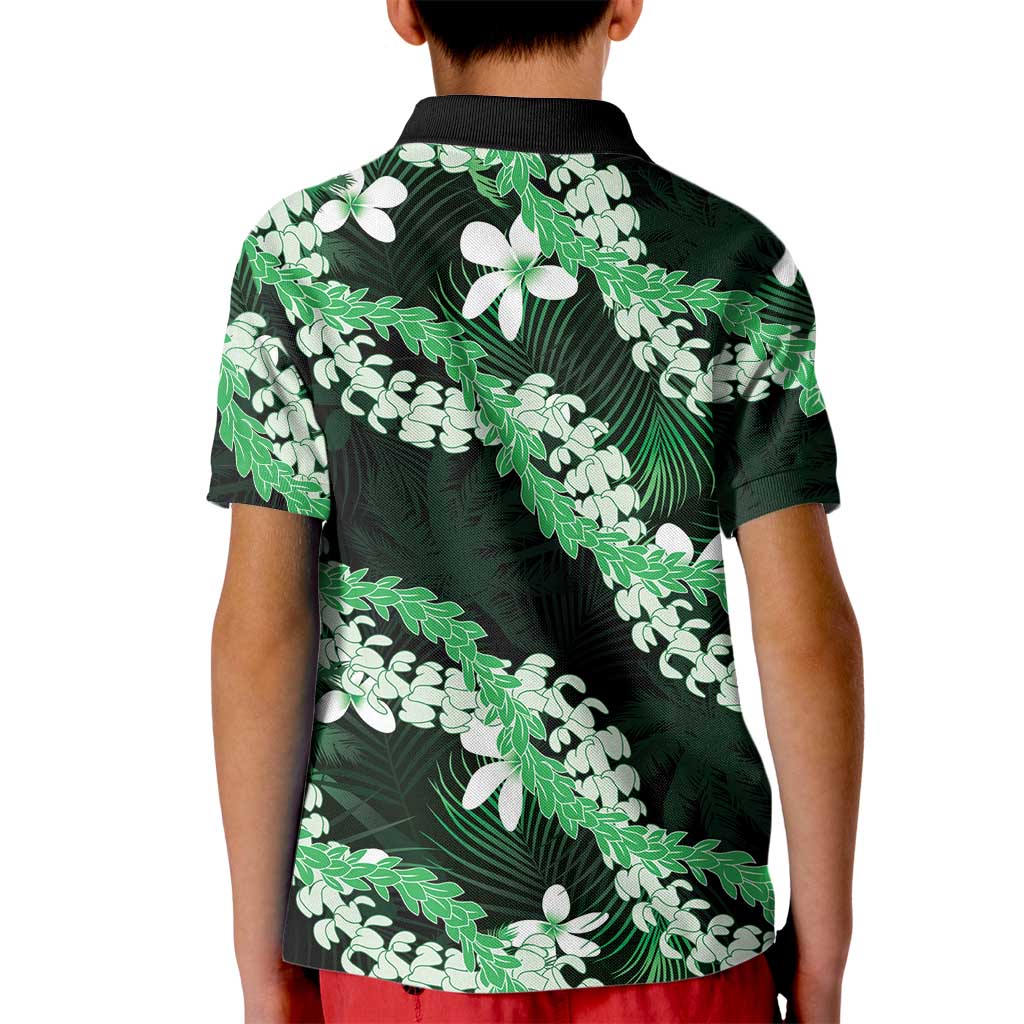 Puakenikeni Maile Lei Kid Polo Shirt Frangipani Green Tropical Leaves