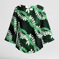 Puakenikeni Maile Lei Kimono Sleeve Blouse Frangipani Green Tropical Leaves