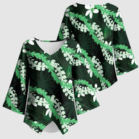 Puakenikeni Maile Lei Kimono Sleeve Blouse Frangipani Green Tropical Leaves