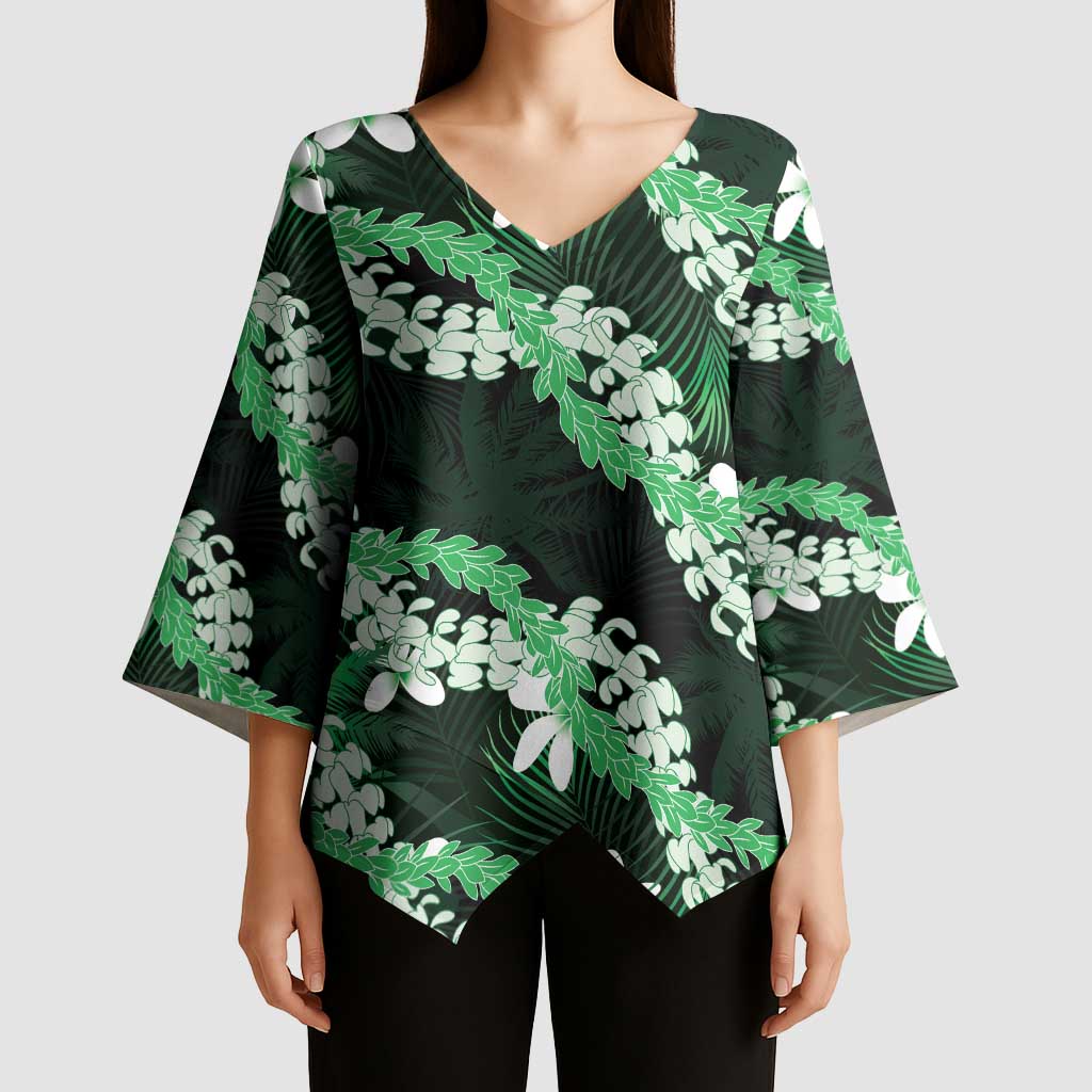 Puakenikeni Maile Lei Kimono Sleeve Blouse Frangipani Green Tropical Leaves