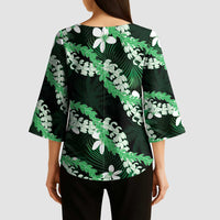 Puakenikeni Maile Lei Kimono Sleeve Blouse Frangipani Green Tropical Leaves
