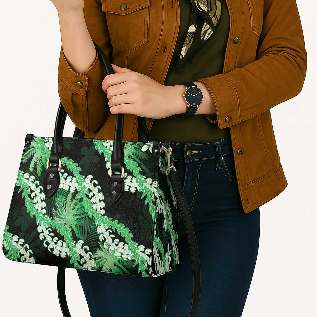 Puakenikeni Maile Lei Leather Bag Frangipani Green Tropical Leaves