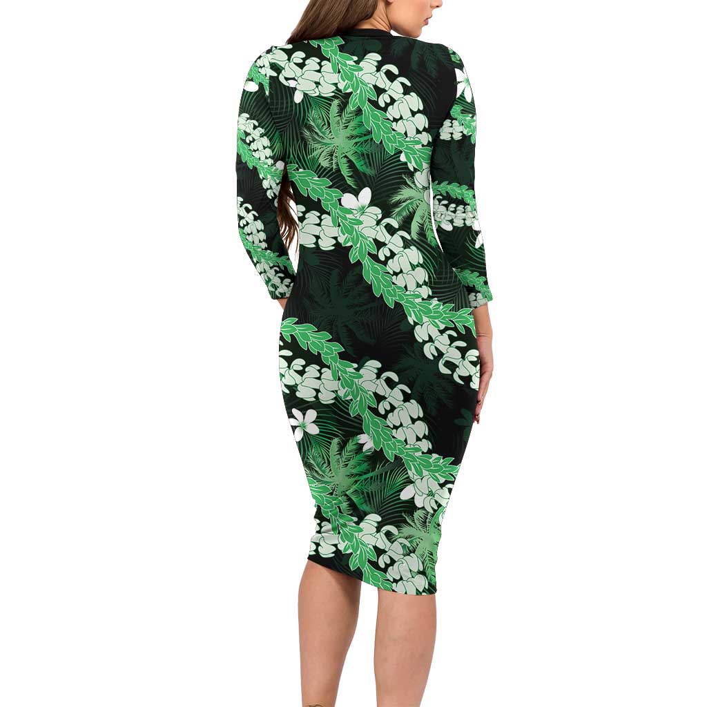 Puakenikeni Maile Lei Long Sleeve Bodycon Dress Frangipani Green Tropical Leaves