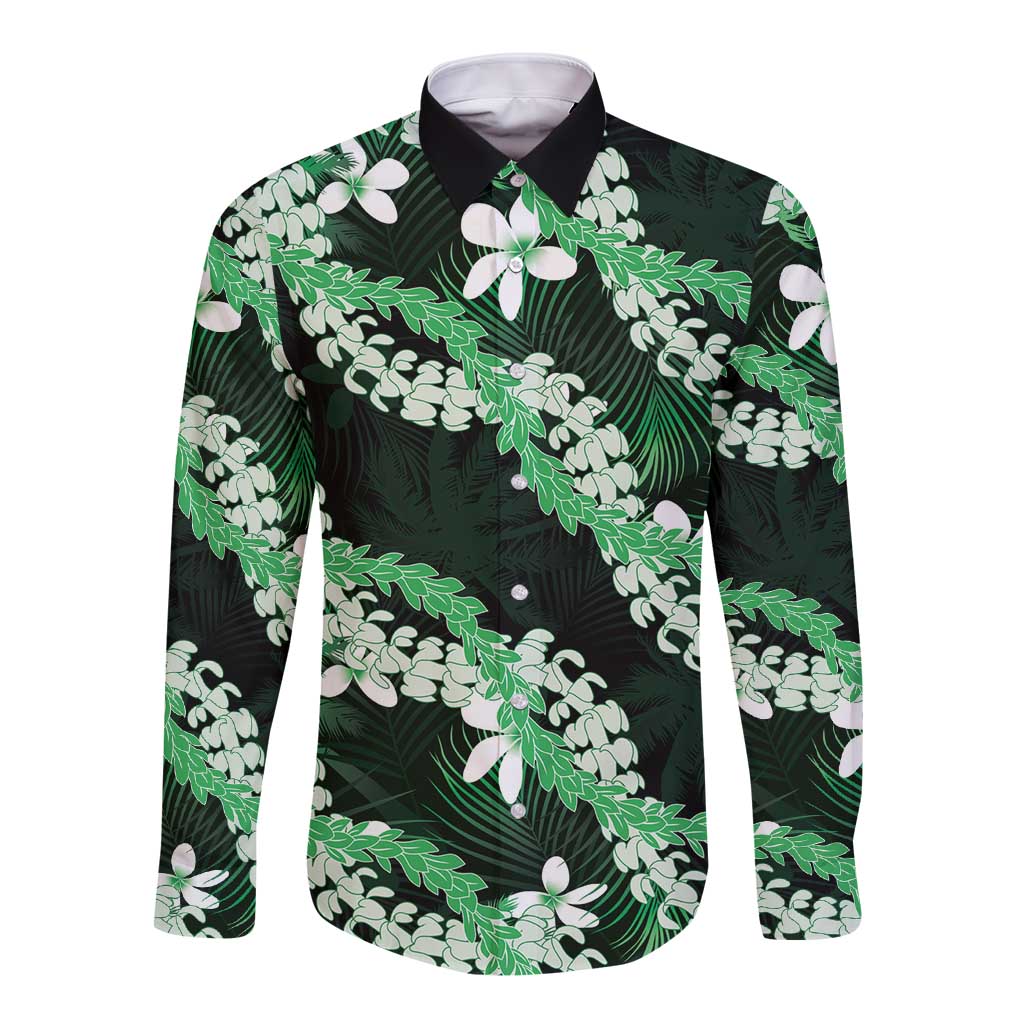 Puakenikeni Maile Lei Long Sleeve Button Shirt Frangipani Green Tropical Leaves