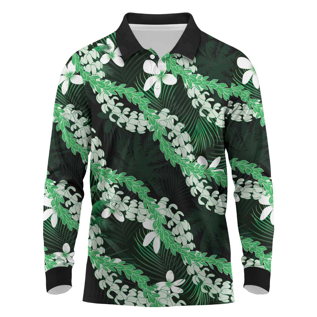 Puakenikeni Maile Lei Long Sleeve Polo Shirt Frangipani Green Tropical Leaves