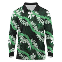 Puakenikeni Maile Lei Long Sleeve Polo Shirt Frangipani Green Tropical Leaves
