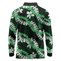 Puakenikeni Maile Lei Long Sleeve Polo Shirt Frangipani Green Tropical Leaves